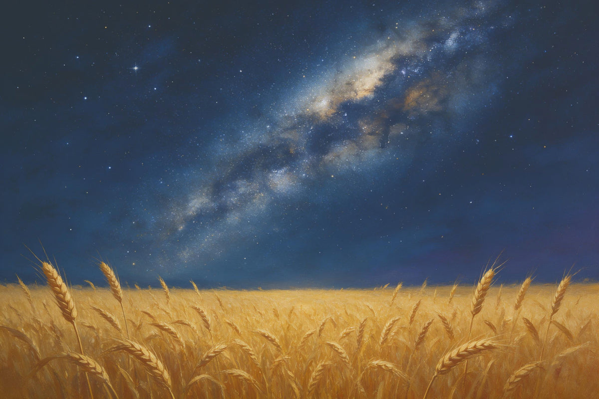 Starry sky over wheat field with Milky Way and golden ears, tapestry printed on fabric – blue and yellow