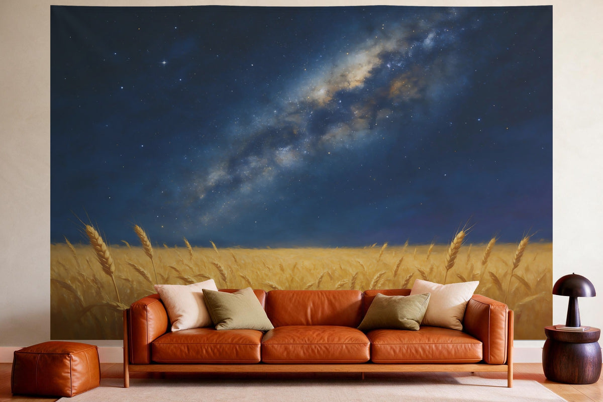 Tapiz de pared XXL Cielo estrellado sobre campo de trigo como decoración en un salón acogedor sobre el sofá de cuero