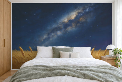 XXL printed fabric: Milky Way over the wheat field left of center, golden ears, filling the wall behind the bed