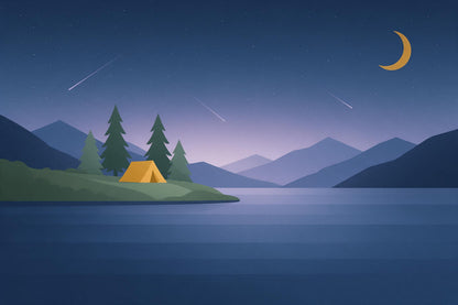 Sternenhimmel: Zelt am Bergsee unter Sternschnuppen und Mondsichel, als Wandtuch, auf Stoff gedruckt – Blau und Gelb