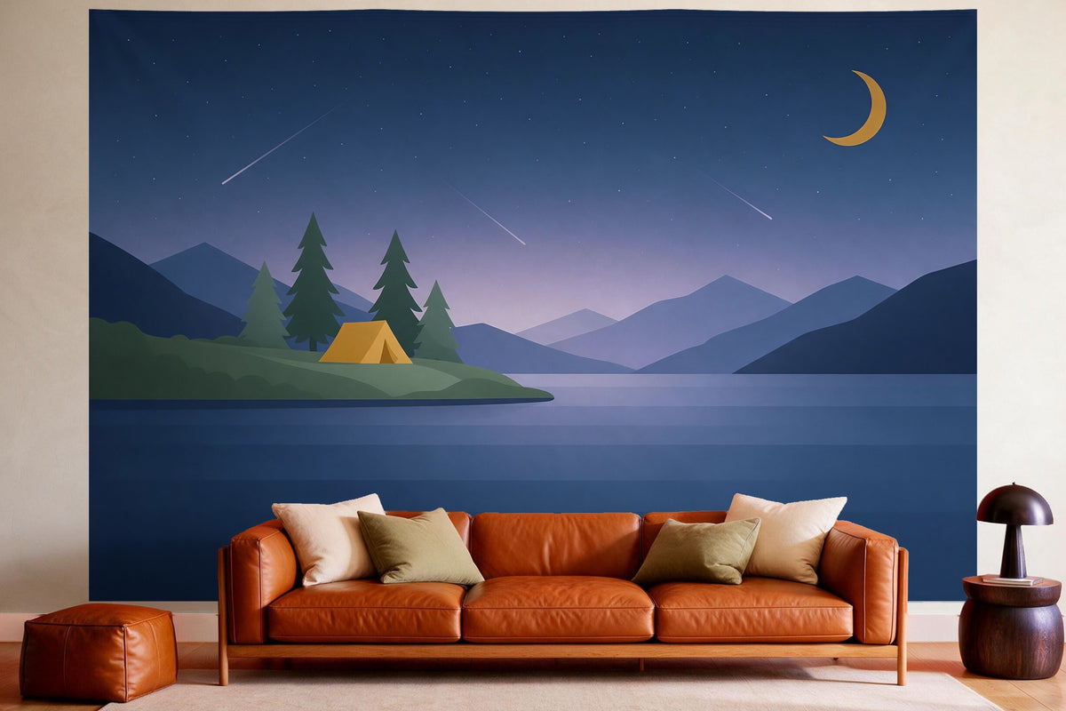 XXL wall tapestry Starry Sky with Shooting Stars over the Campsite as wall decor in a cosy living room above the leather sofa