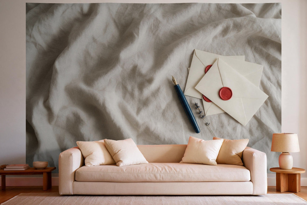 Wandtuch XXL Stillleben mit Füllfeder und Wachssiegel als Wanddeko im hellen Wohnzimmer über dem Sofa