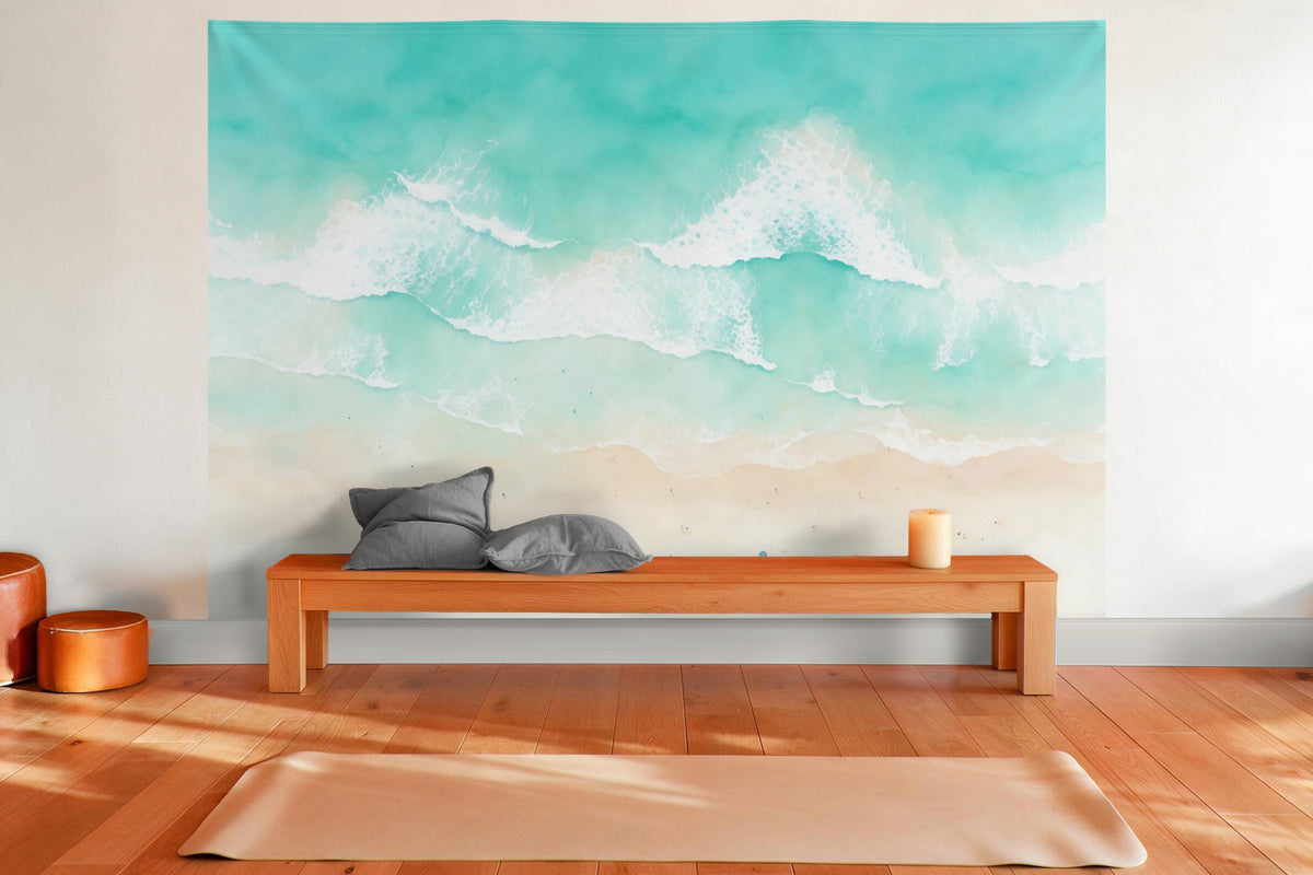 Wanddeko im Yogaraum: Wandtuch Strand von oben mit Surfern in Aquarell, auf Stoff gedruckt