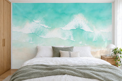 Tapiz de pared grande Playa desde arriba con surfistas en acuarela en el dormitorio, cubriendo la pared detrás de la cama – tela impresa