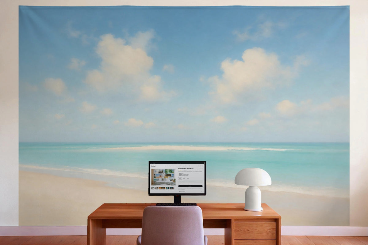 Decoración de pared en la oficina detrás del escritorio: tapiz de tela Playa bajo cielo azul nublado