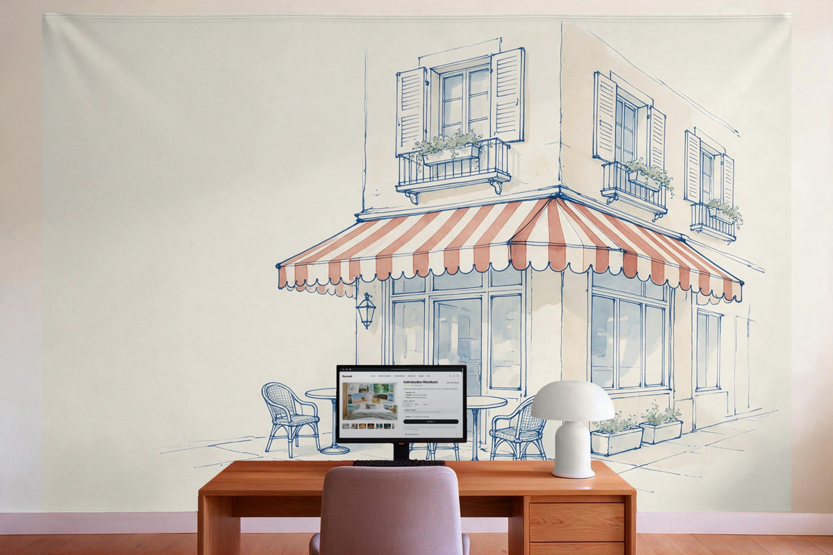 Tenture murale XXL Café-terrasse avec chaises bistrot en déco murale dans le bureau derrière la table de travail