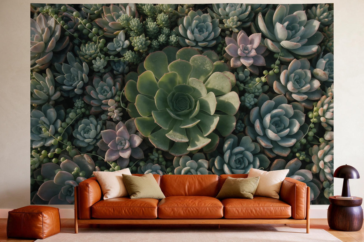 Tapiz de pared XXL Suculentas desde arriba como decoración en un salón acogedor sobre el sofá de cuero