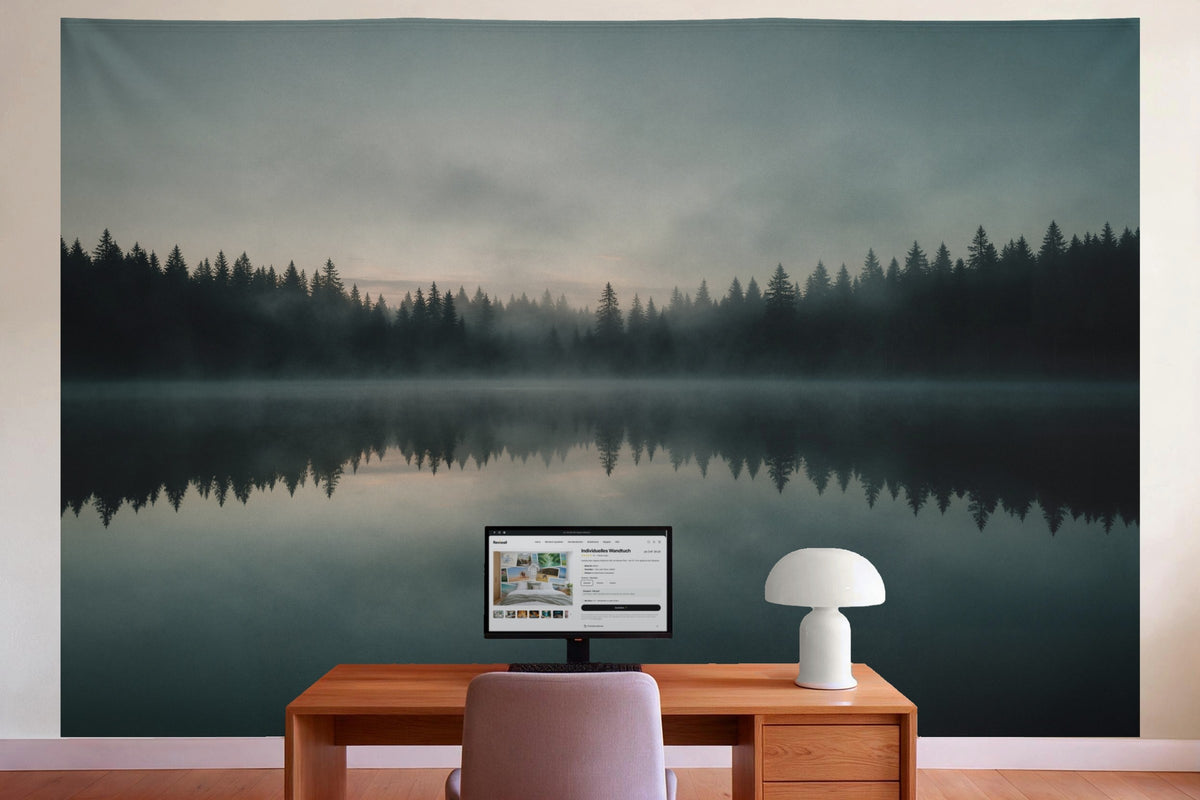 Decoración de pared en la oficina detrás del escritorio: tapiz de tela Bosque de abetos reflejado en un lago de montaña