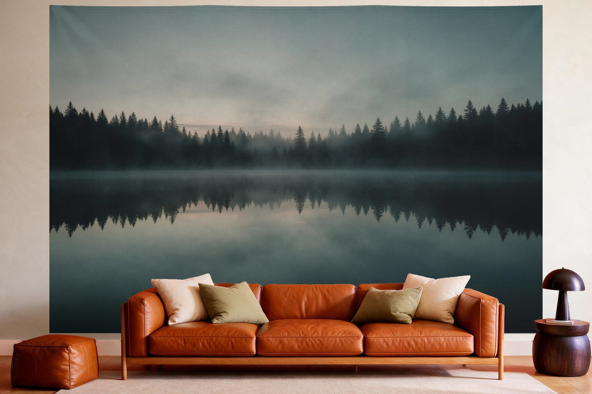 Tapiz de pared XXL Bosque de abetos reflejado en un lago de montaña como decoración en un salón acogedor sobre el sofá de cuero