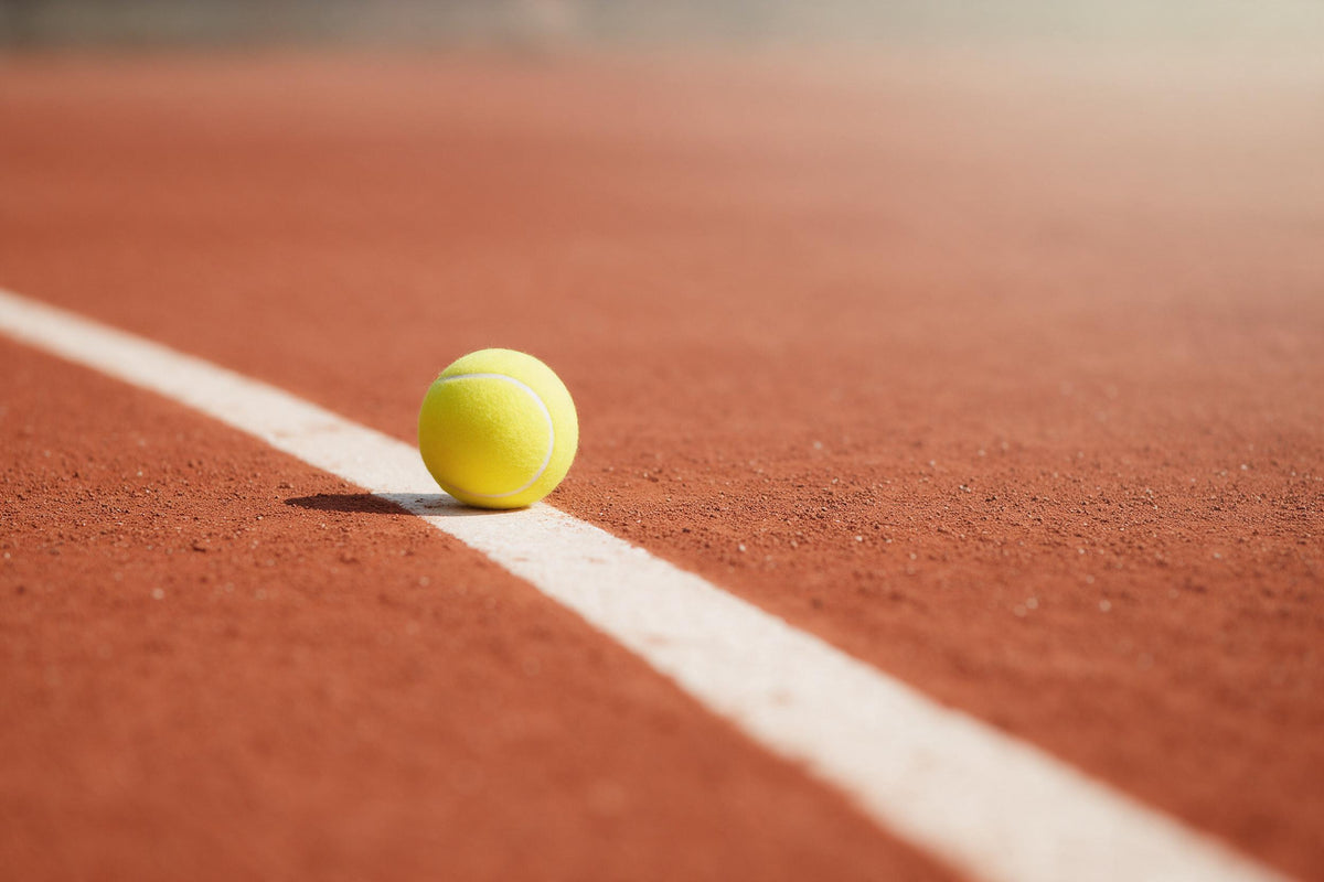 Balle de tennis jaune sur la ligne blanche d'un court rouge, tenture murale imprimée sur tissu – rouge, jaune et blanc