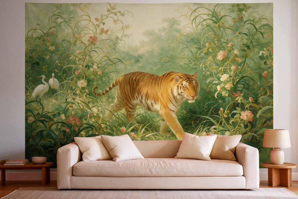 XXL wall tapestry Tiger Among Flowering Vines as wall decor in a bright living room above the sofa