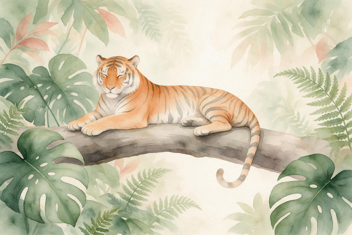 Dschungel: ruhender Tiger auf einem Ast zwischen Monstera und Farnen als Wandtuch, auf Stoff gedruckt – Grün und Orange