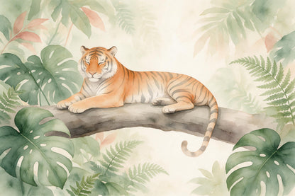 Dschungel: ruhender Tiger auf einem Ast zwischen Monstera und Farnen als Wandtuch, auf Stoff gedruckt – Grün und Orange