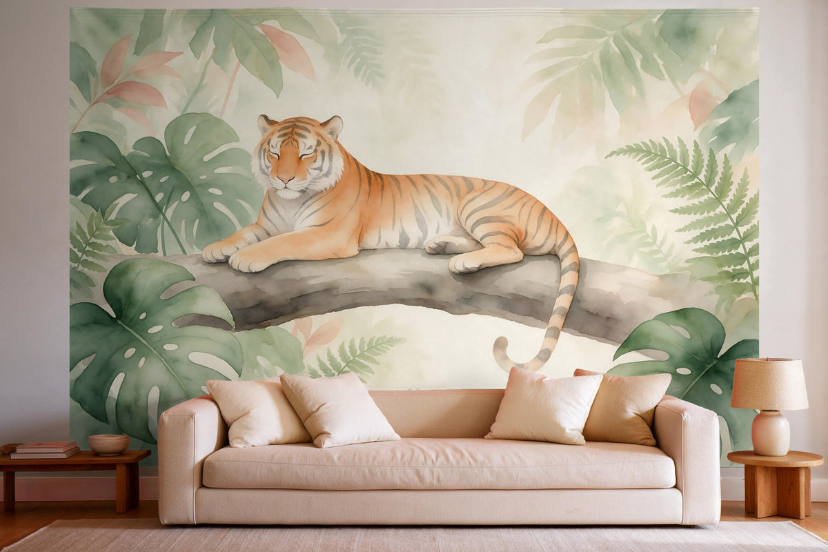 Tapiz de pared XXL Tigre en la selva como acuarela como decoración en un salón luminoso sobre el sofá
