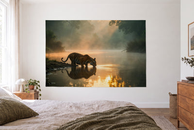 Tiger in Morning Mist by the River tapestry in a bright bedroom opposite the bed, wooden dresser on the right – orange