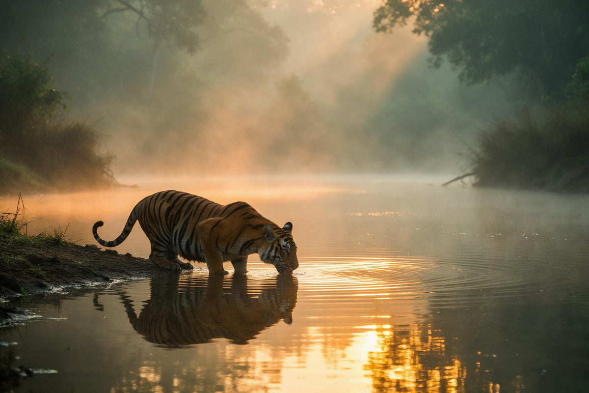 Tiger trinkt im Morgennebel am Fluss, goldene Spiegelung im Wasser, als Wandtuch, auf Stoff gedruckt – Orange und Gold