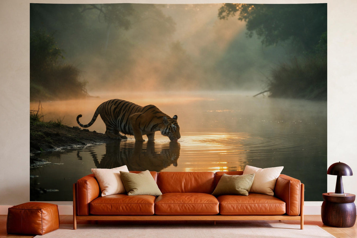 Wandtuch XXL Tiger im Morgennebel am Fluss als Wanddeko im gemütlichen Wohnzimmer über dem Ledersofa