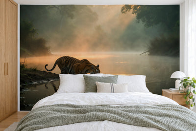 Large wall hanging Tiger in Morning Mist by the River in the bedroom, wall-filling behind the bed – printed tapestry