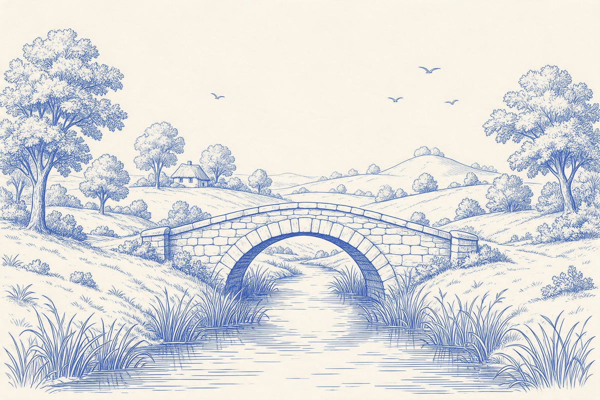 Toile de Jouy with an arched stone bridge over a stream and deciduous trees, tapestry printed on fabric – blue and beige