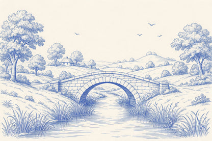 Toile de Jouy mit gewölbter Steinbrücke über einem Bach und Laubbäumen, als Wandtuch, auf Stoff gedruckt – Blau und Beige