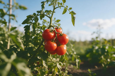 Reife rote Tomaten in einer Rispe an der grünen Staude vor hellblauem Himmel, als Wandtuch, auf Stoff gedruckt – Rot und Grün