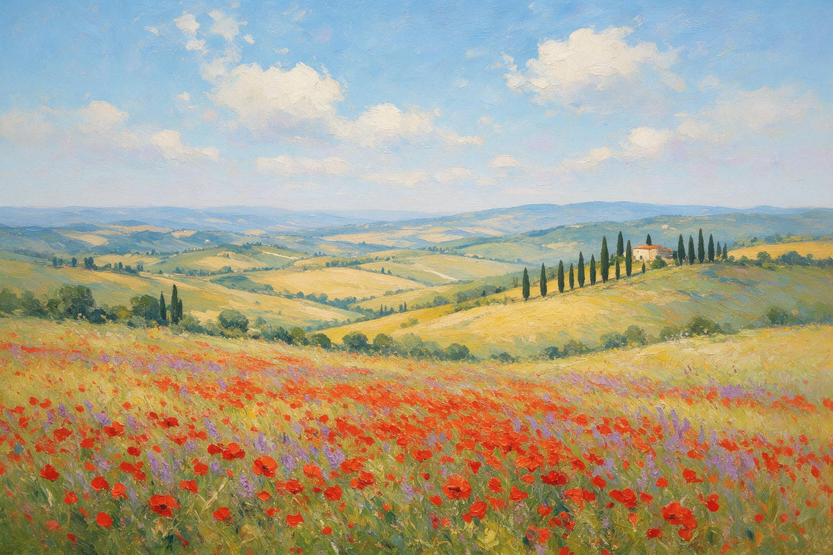 Toscane, coquelicots, rangée de cyprès et ferme peints à l'huile, tenture murale imprimée sur tissu – rouge et jaune
