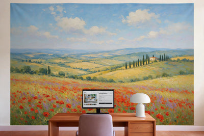 Wall decor in a home office behind the desk: printed fabric tapestry Tuscan Landscape in Oil