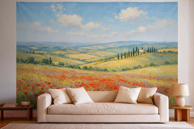 XXL wall tapestry Tuscan Landscape in Oil as wall decor in a bright living room above the sofa