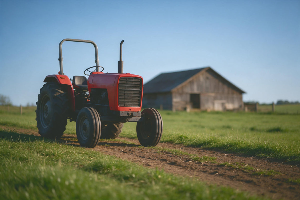 Roter Traktor links auf einem Feldweg vor der Holzscheune, grüne Wiesen unter blauem Himmel, als Wandtuch, auf Stoff gedruckt