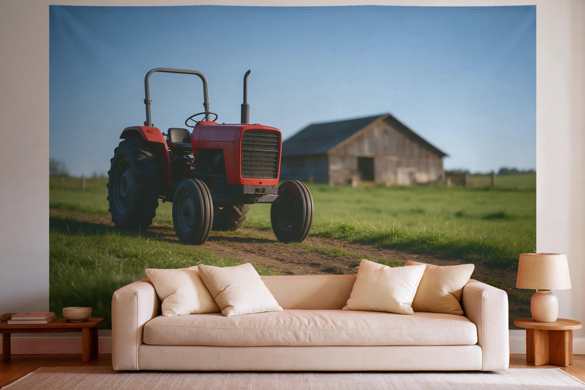 Wall decor in a bright living room above the sofa: printed fabric tapestry Red Tractor on the Farm