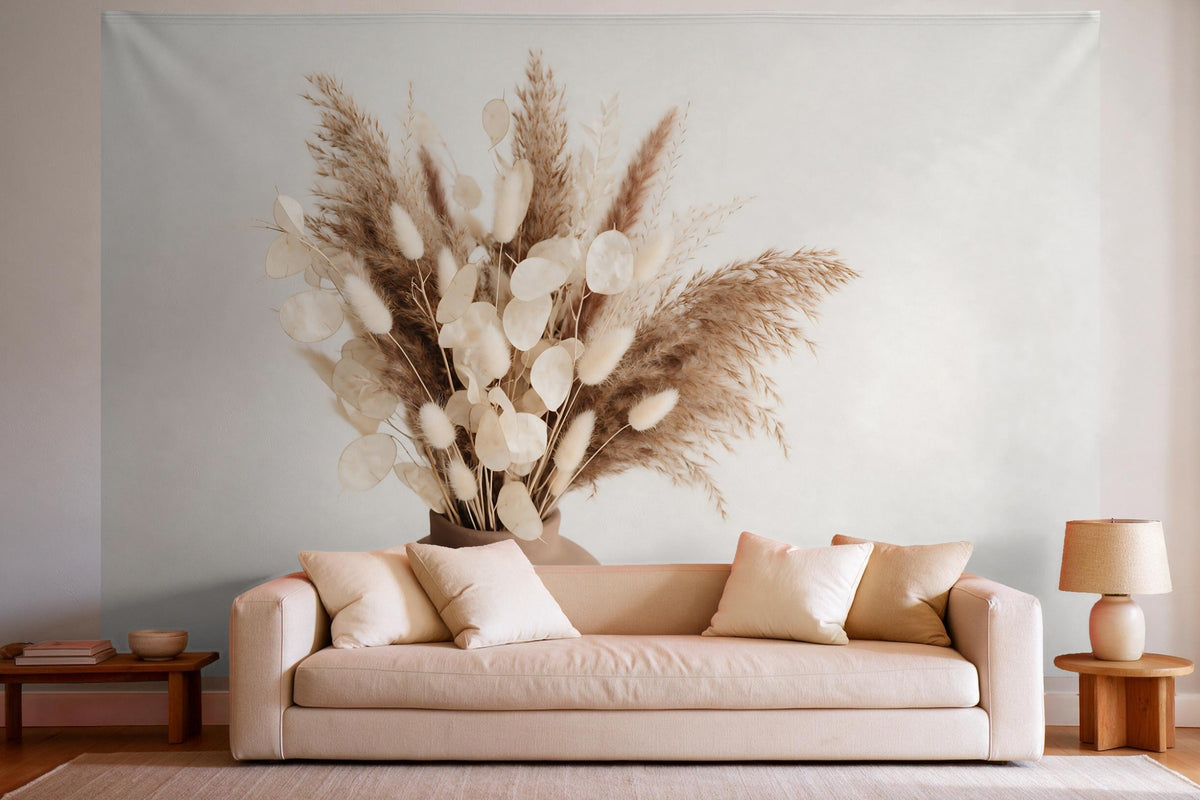 XXL wall tapestry Dried Flowers in a Clay Vase as wall decor in a bright living room above the sofa