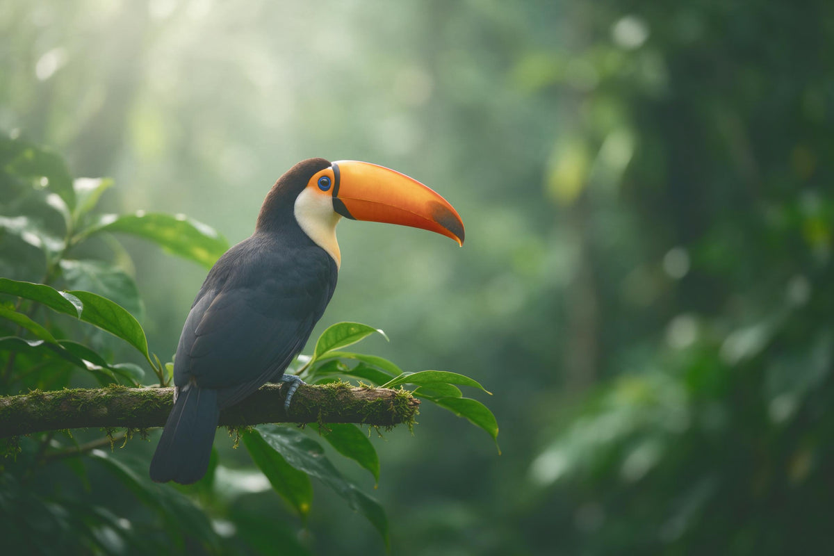 Tucán de pico naranja a la izquierda en una rama con musgo en la selva verde, tapiz impreso en tela – verde y naranja