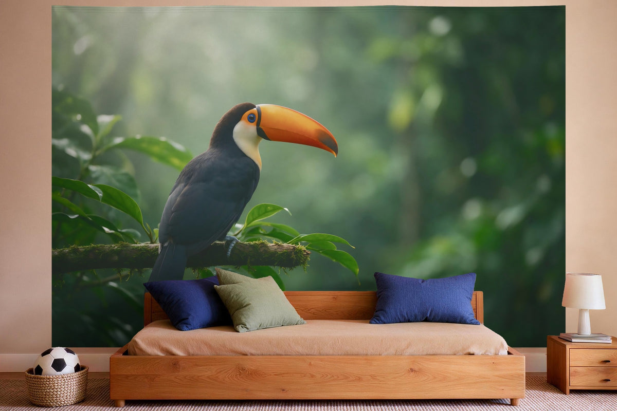 Wall decor in a boys' bedroom: printed fabric tapestry Toucan on a Branch