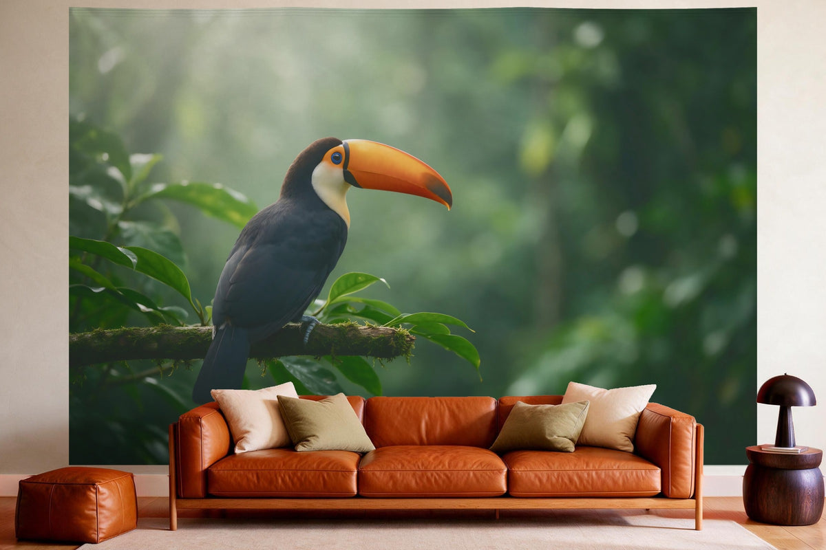 XXL wall tapestry Toucan on a Branch as wall decor in a cosy living room above the leather sofa
