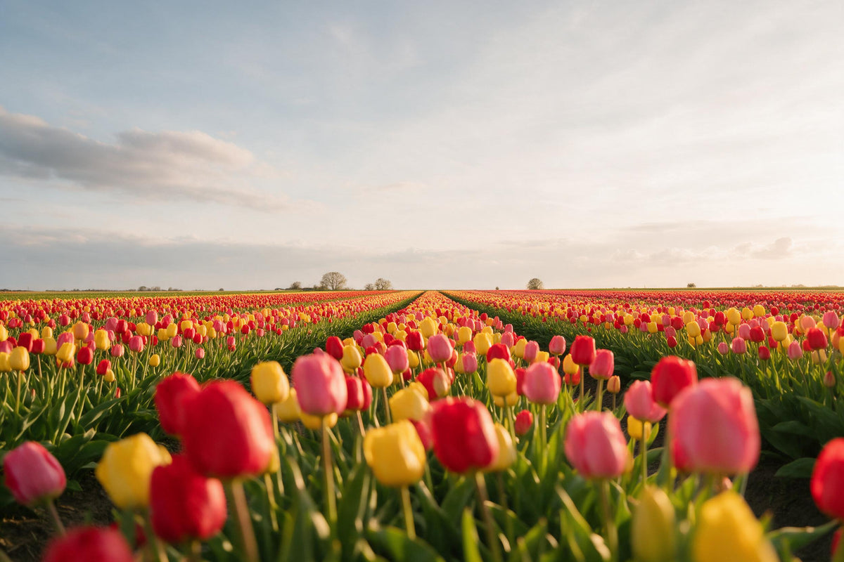 Rangées de tulipes rouges, jaunes et roses jusqu'à l'horizon sous un vaste ciel du soir, tenture murale imprimée sur tissu