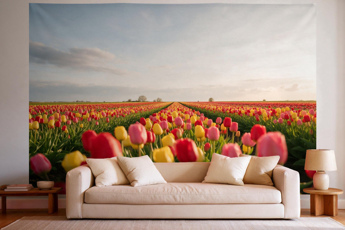 XXL wall tapestry Tulip Field in Spring as wall decor in a bright living room above the sofa