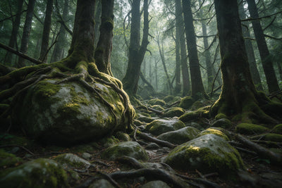 Urwald mit bemoosten Felsblöcken und Wurzeln im feinen Dunst, als Wandtuch, auf Stoff gedruckt – Grün und Grau