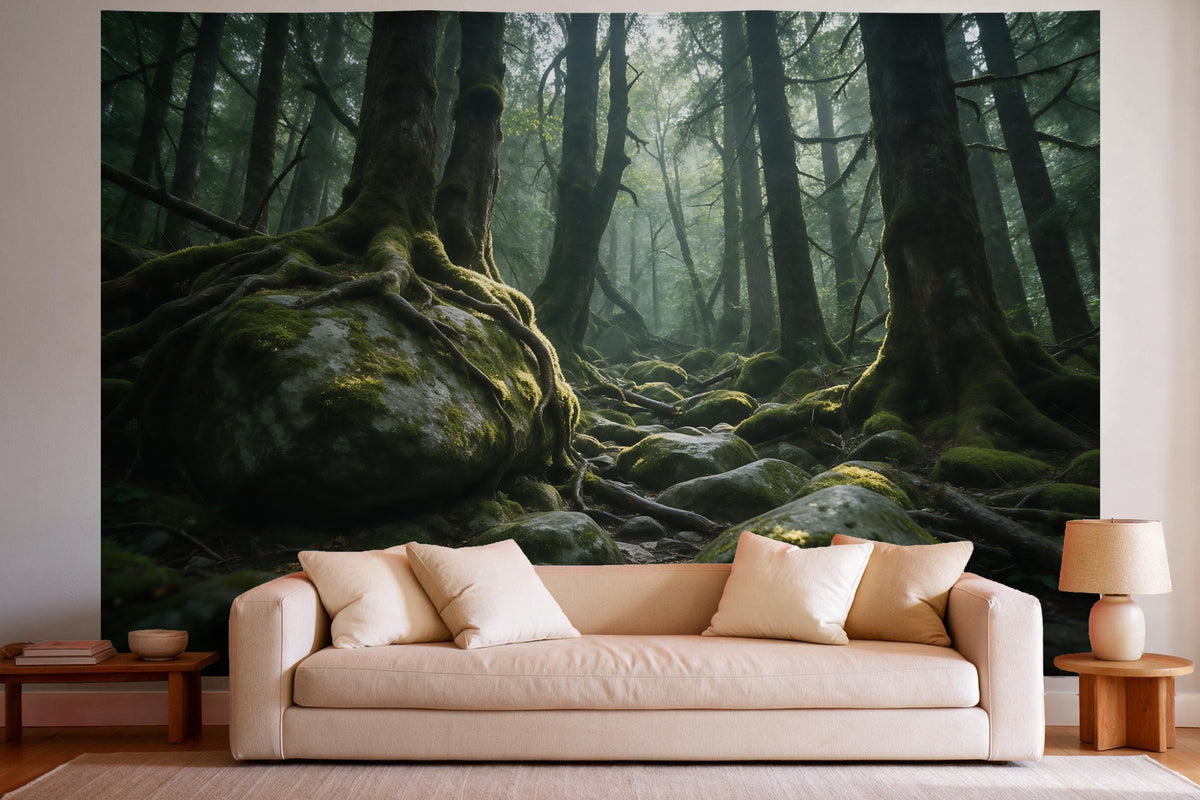 Wanddeko im hellen Wohnzimmer über dem Sofa: Wandtuch Urwald mit bemoosten Felsblöcken, auf Stoff gedruckt