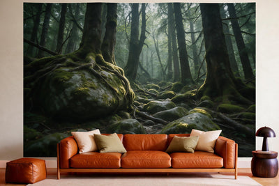 Wandtuch XXL Urwald mit bemoosten Felsblöcken als Wanddeko im gemütlichen Wohnzimmer über dem Ledersofa