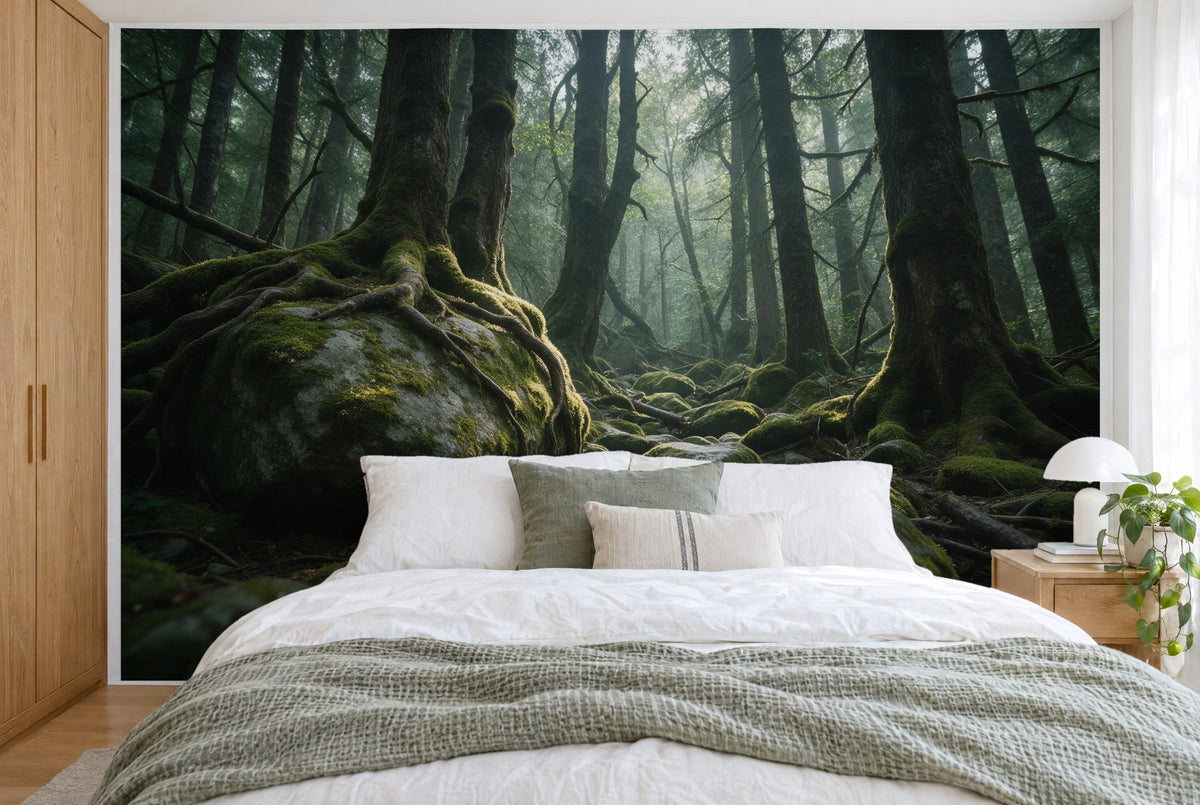 Grosses Wandtuch Urwald mit bemoosten Felsblöcken im Schlafzimmer wandfüllend hinter dem Bett – Wandbehang aus Stoff