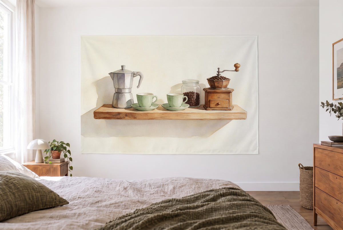 Tapiz rincón de café vintage con cafetera italiana en un dormitorio claro frente a la cama – marrón y verde