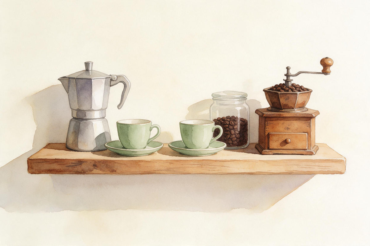 Cafetera italiana, dos tazas verdes, granos de café y molinillo en estantería de madera, tapiz impreso en tela – marrón
