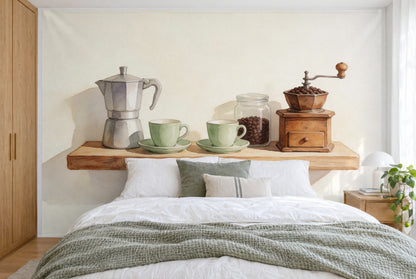 XXL printed fabric: wooden shelf with espresso pot on the left and grinder on the right, filling the wall behind the bed