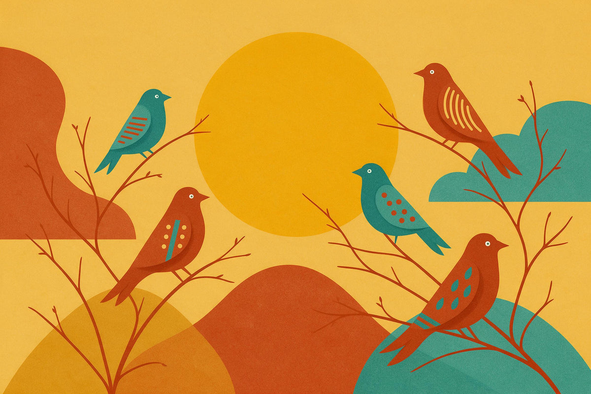 Cinco pájaros en ramas desnudas frente a un gran sol amarillo, tapiz impreso en tela – amarillo, rojo y turquesa