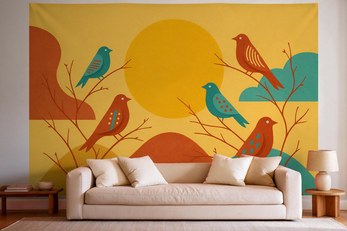 Tapiz de pared XXL Pájaros al sol en estilo mid-century como decoración en un salón luminoso sobre el sofá