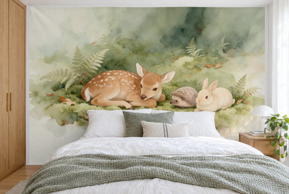 Tissu imprimé XXL : faon tacheté à gauche du centre, hérisson et lapin à droite, mur entier derrière le lit
