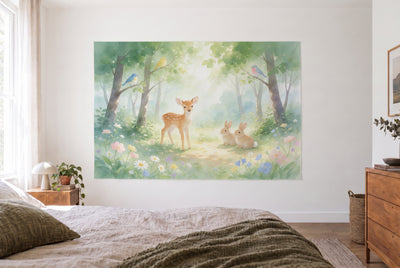 Woodland Animals in a Dream Forest tapestry in a bright bedroom opposite the bed, wooden dresser at right – green and gold
