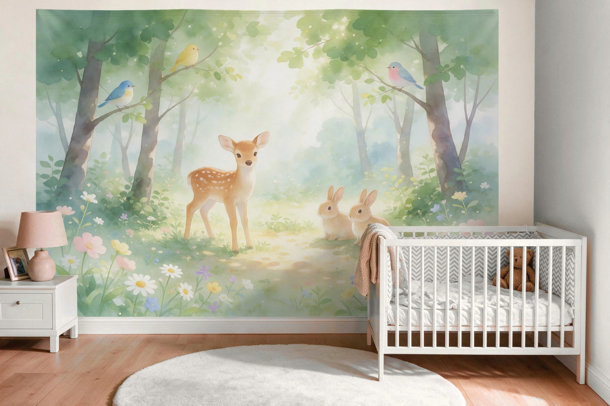 Tapiz de pared XXL Animales del bosque en un bosque de ensueño como decoración en la habitación del bebé sobre la cuna