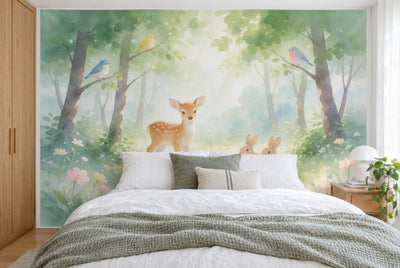 XXL printed fabric: fawn left of center, birds in the trees, two rabbits at right, filling the wall behind the bed