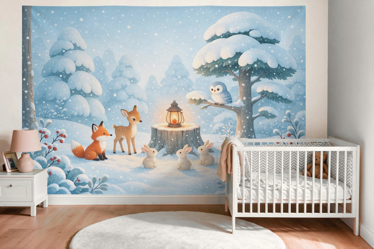 XXL wall tapestry Storybook Woodland Animals in Winter as wall decor in the nursery above the crib